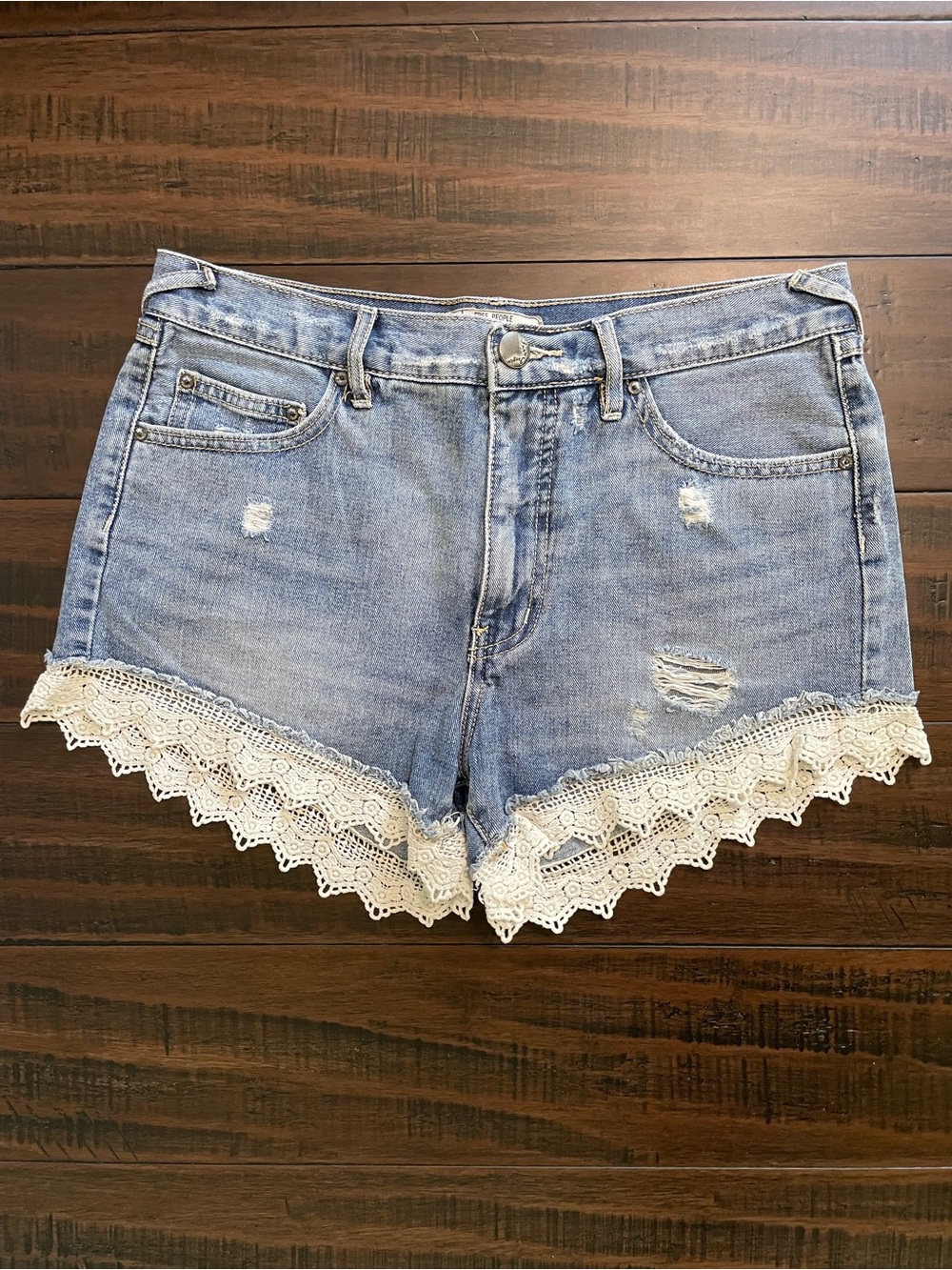 Free People Lacey Crochet Trim Distressed Jean Shorts